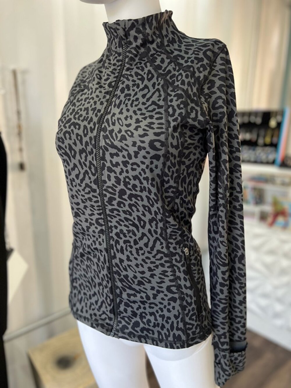 Fancyskin Grey Leopard Print Full-Zip Activewear Jacket - Size S/M